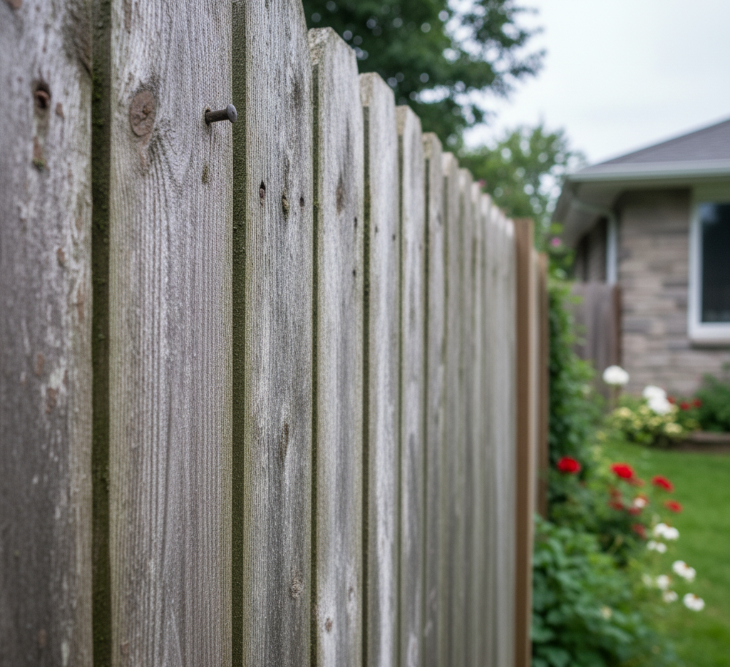 Weathered wood fence before cleaning.