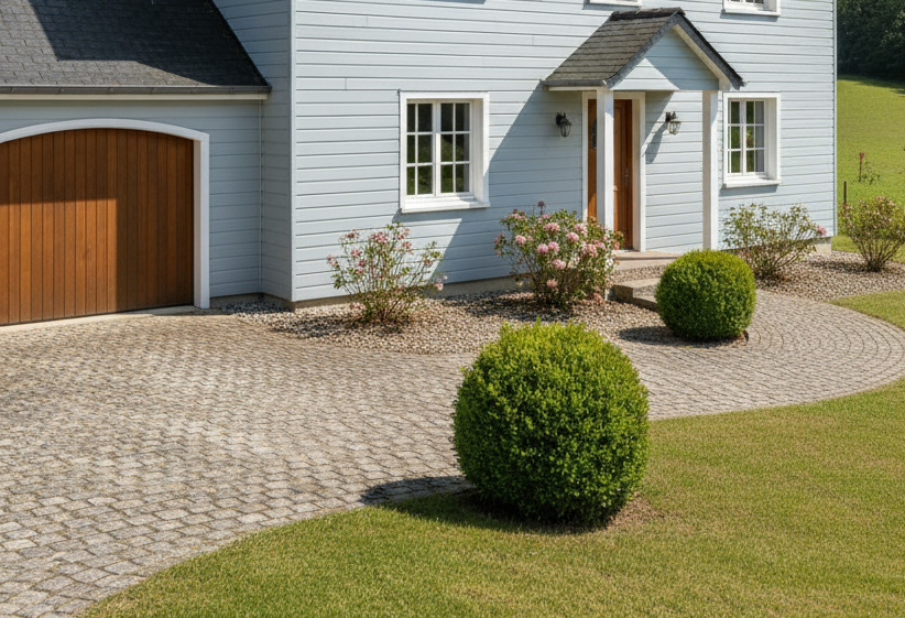 Cleaned paver driveway leading to a house.