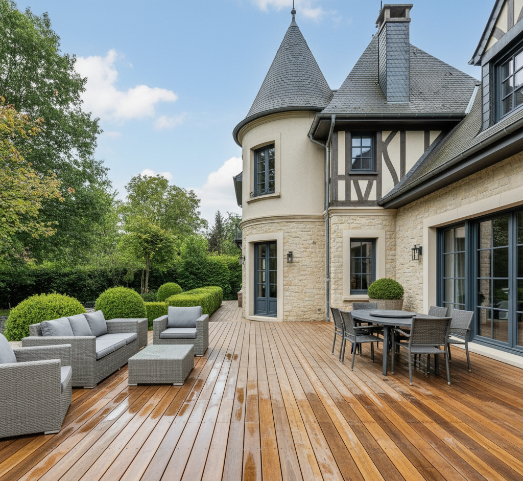 Restored wooden deck with outdoor furniture.